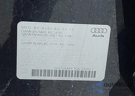 2012 Audi Q5 2.0T Premium from USA, damaged, VIN WA1LFAFP3CA100821